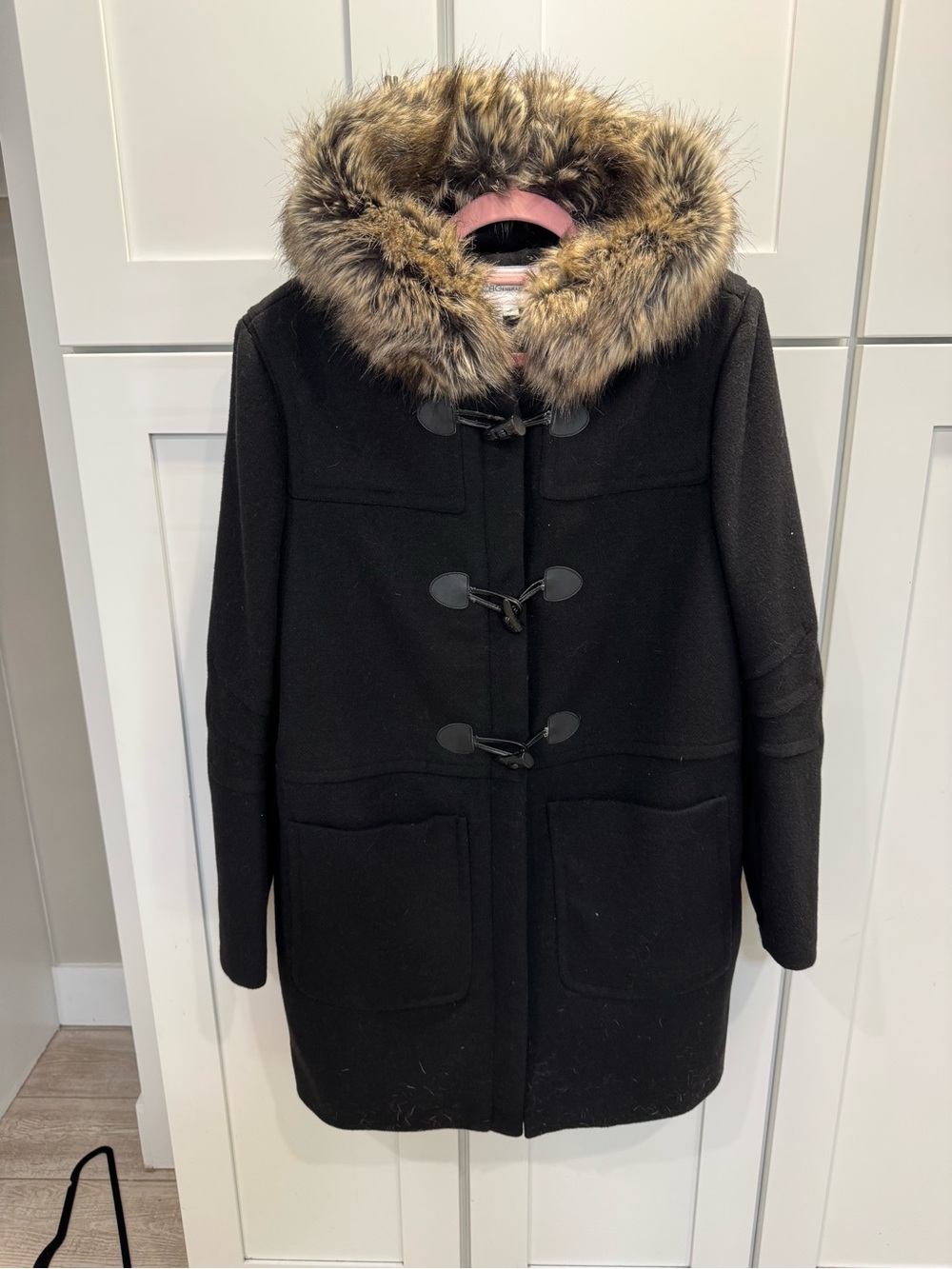 Ladies BCBG Black Wool Toggle Coat with Faux Fur Hood